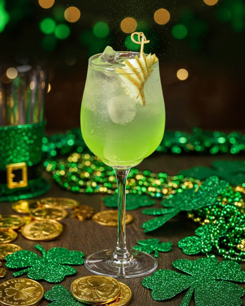 Graphic promoting March Cocktail of The Month, Sparkling Shamrock, creating to celebrate St.Patrick's Day at The Old Quarter in Limerick.