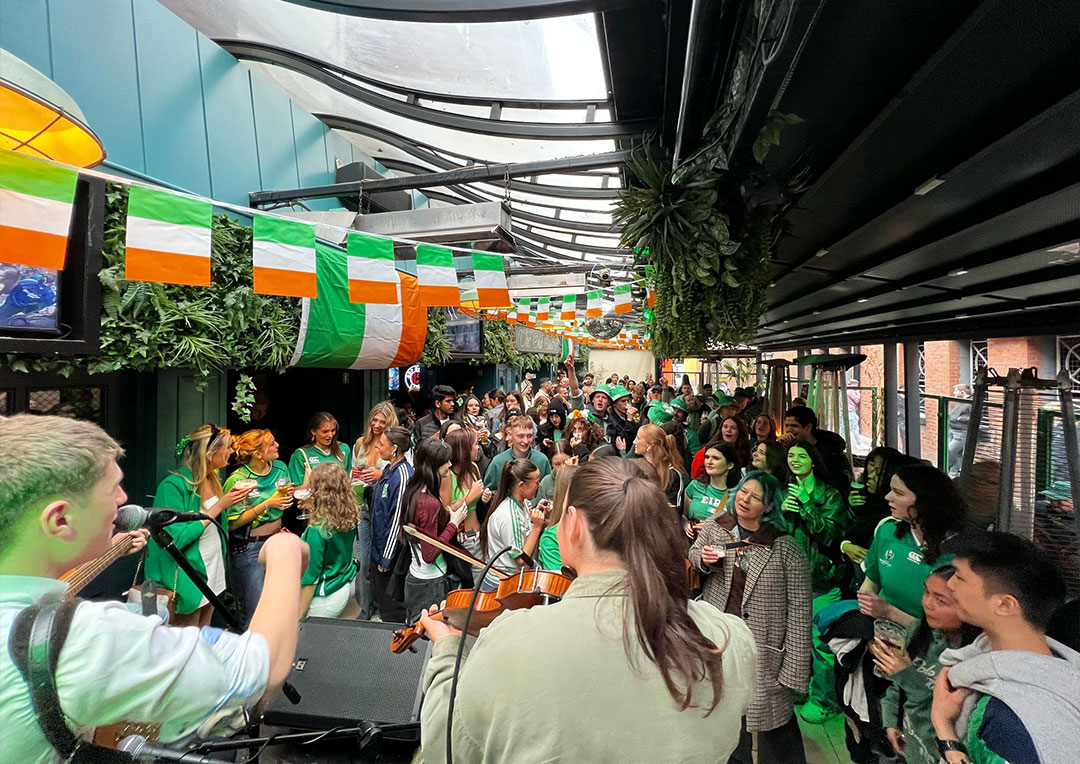 Graphic showcasing St. Patrick’s Day at The Old Quarter, one of the best spots for live music, food, drinks, and St. Patrick’s Day celebrations in Limerick city centre.