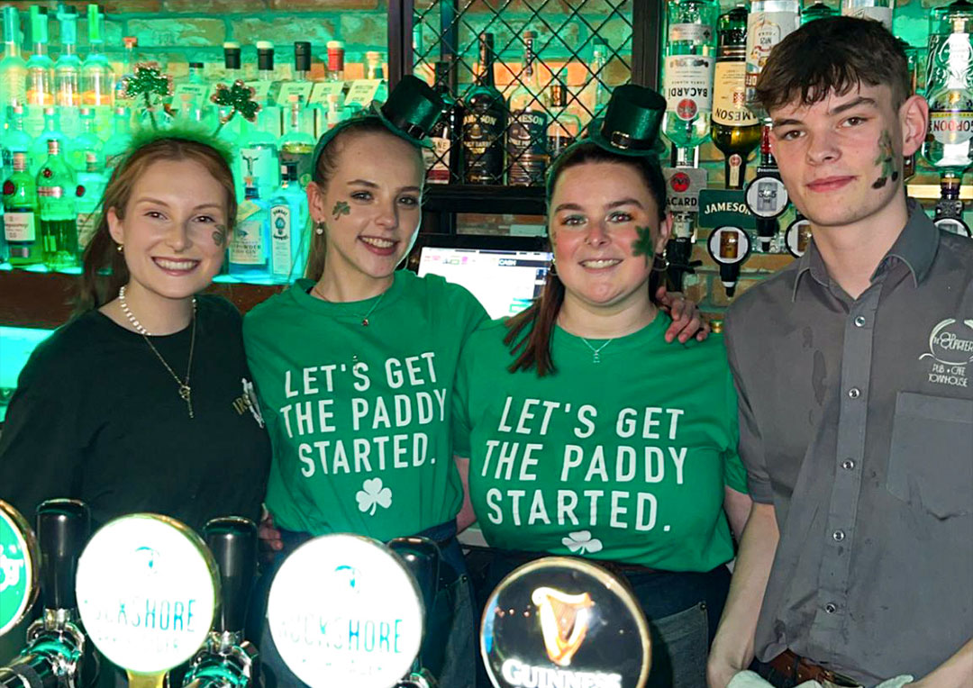 Graphic showcasing St. Patrick’s Day at The Old Quarter, one of the best spots for live music, food, drinks, and St. Patrick’s Day celebrations in Limerick city centre.