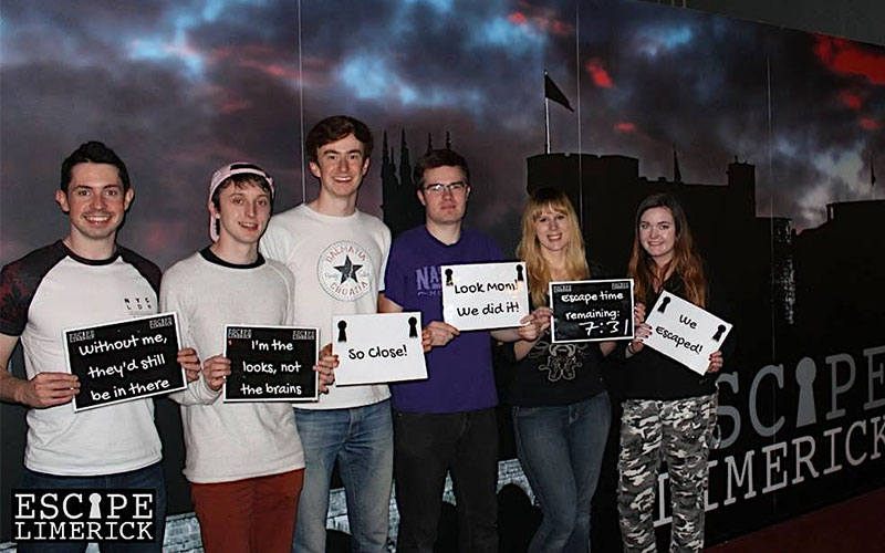 A Graphic to promote our Party Packages with Escape Limerick, perfect to celebrate birthdays, staff nights, hens & stags with an escape room adventure followed by food, drinks & a reserved space at The Old Quarter Pub.