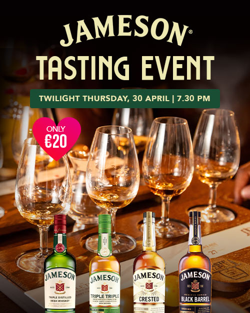 A Graphic to promote our Jameson Tasting Event on Twilight Thursday in Limerick City Centre. Enjoy a fantastic evening all about Whiskey hosted by Jameson Brand Ambassador, Ciarán Odlum.