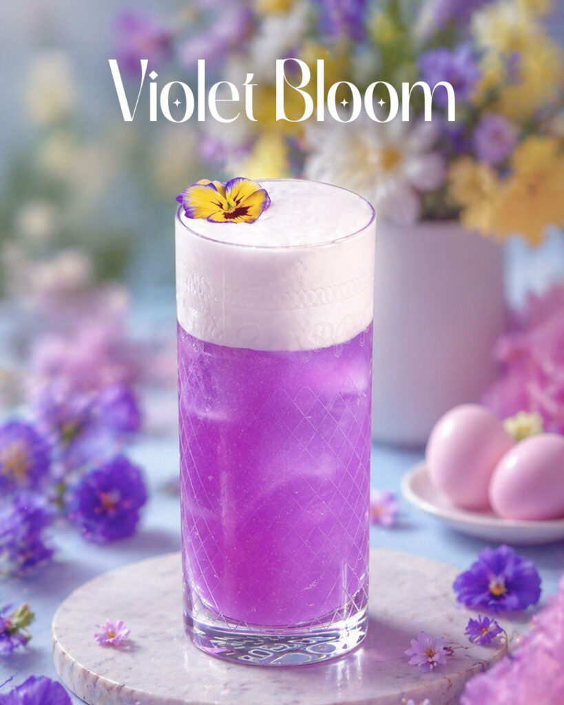 Graphic promoting May Cocktail of The Month, Violet Bloom, inspired by the beauty of Irish spring summer time. Availabe at The Old Quarter in Limerick.