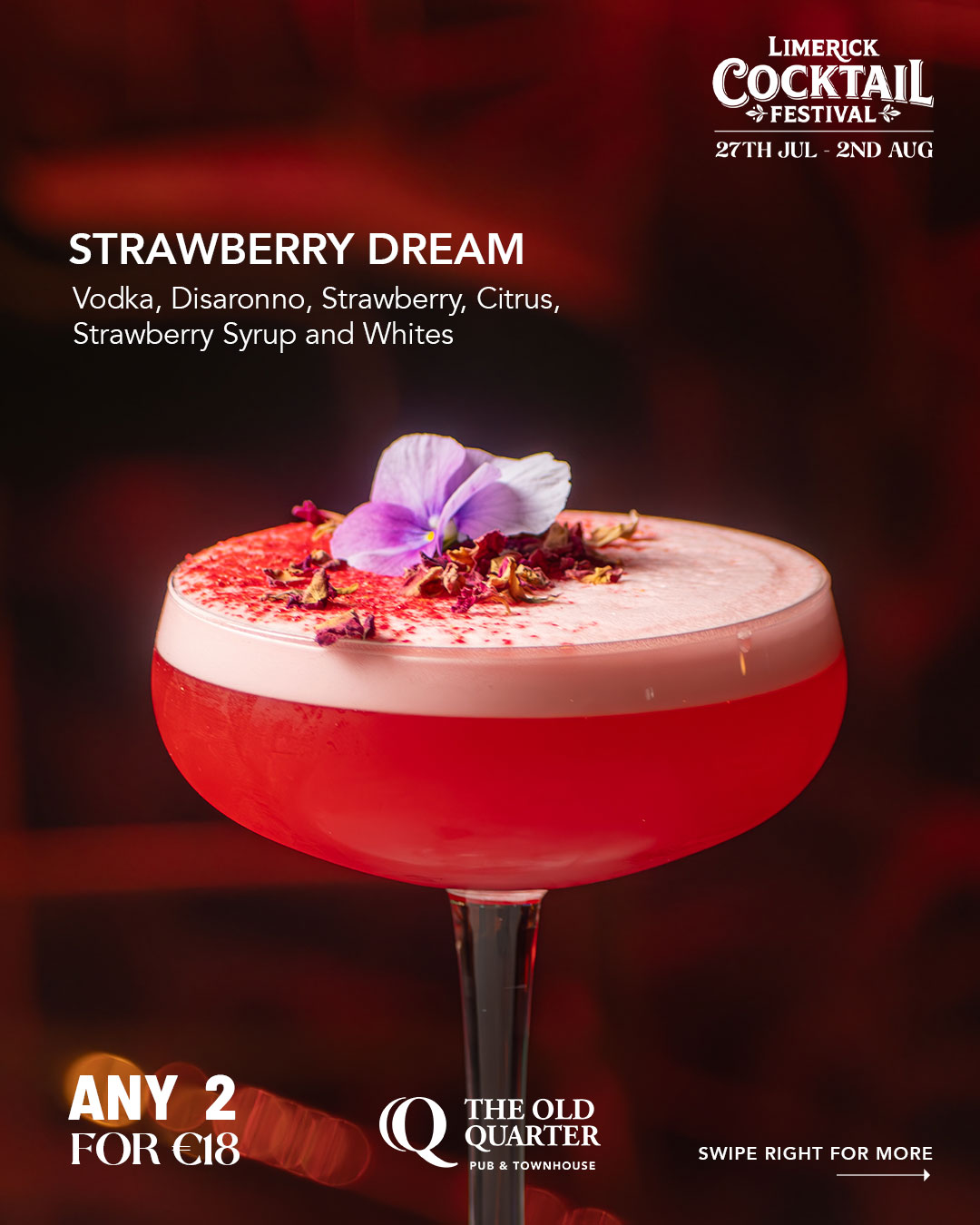 The Old Quarter Pub is delighted to be part of the very first Limerick Cocktail Festival. ✨ Any 2 Cocktails for €18 ✨ Choose from our full cocktail menu ✨ Exclusive with your Festival Wristband Whether you’re a fan of classics or looking to discover a new favourite, this is the perfect excuse to sip your way through the festival.