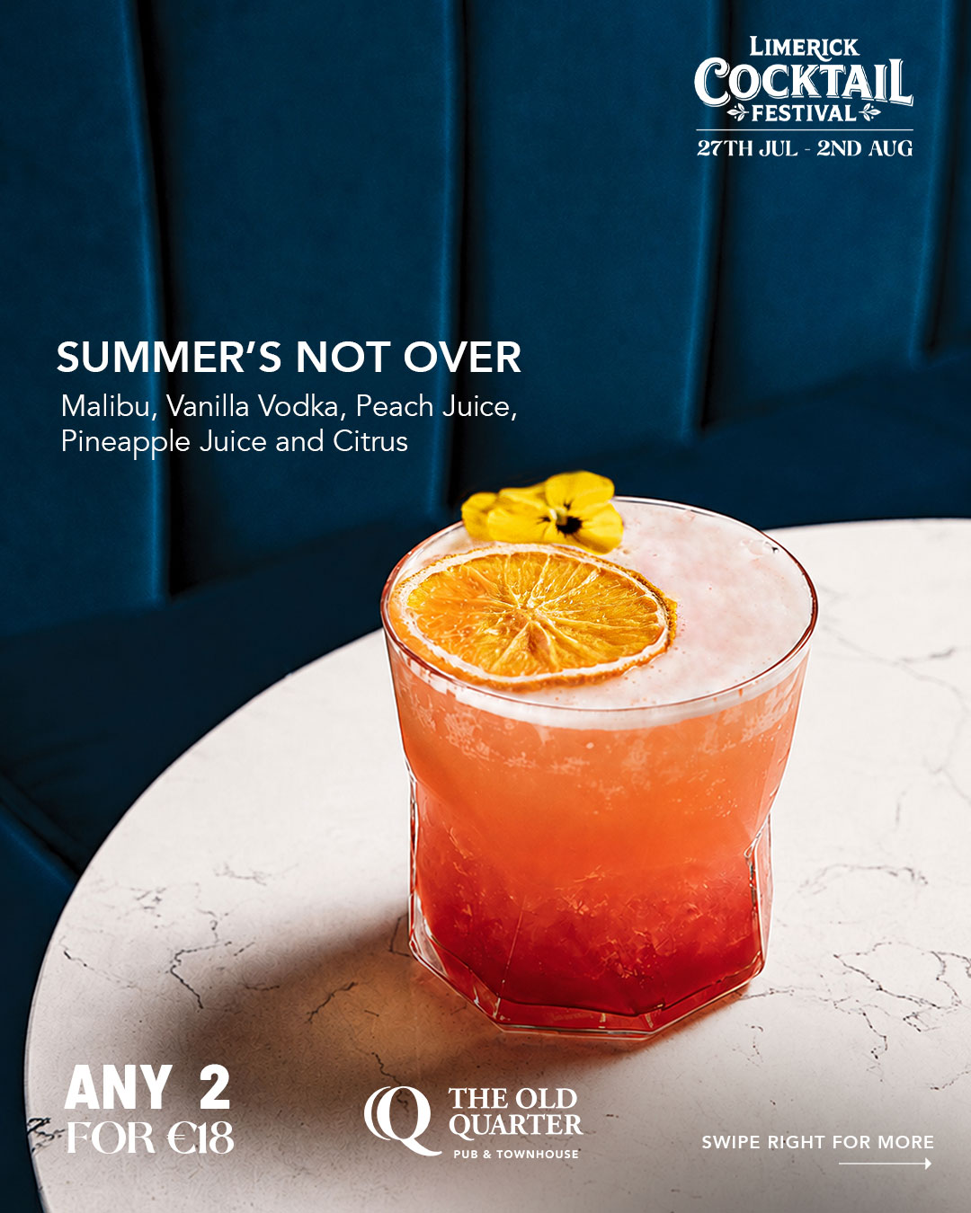 The Old Quarter Pub is delighted to be part of the very first Limerick Cocktail Festival. ✨ Any 2 Cocktails for €18 ✨ Choose from our full cocktail menu ✨ Exclusive with your Festival Wristband Whether you’re a fan of classics or looking to discover a new favourite, this is the perfect excuse to sip your way through the festival.