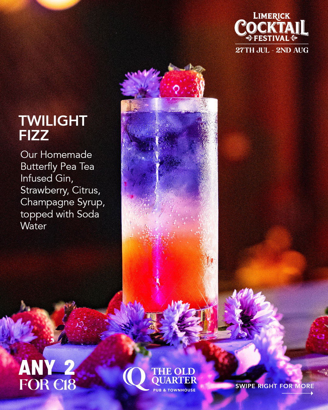 The Old Quarter Pub is delighted to be part of the very first Limerick Cocktail Festival. ✨ Any 2 Cocktails for €18 ✨ Choose from our full cocktail menu ✨ Exclusive with your Festival Wristband Whether you’re a fan of classics or looking to discover a new favourite, this is the perfect excuse to sip your way through the festival.